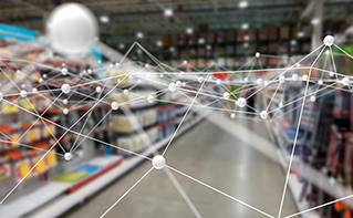 View of aisle in large retail space with pixelated white digital overlay, consumer path to purchase | DXC Technology Insights